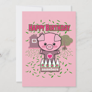 Girls Happy Birthday Cute Pig Personalize Name Holiday Card