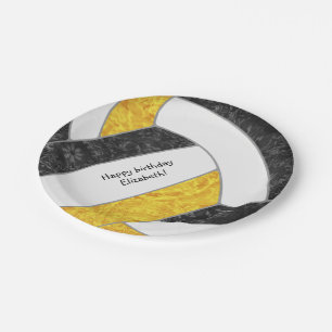 girl's happy birthday party black gold volleyball paper plate