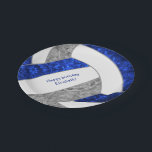 girl's happy birthday party blue grey volleyball paper plate<br><div class="desc">These girls' volleyball birthday party 7" paper plates feature a girly blue, grey and white volleyball graphic with customizable "Happy Birthday" greeting and girl's name - the blue and grey panels of the volleyball are blended with a pretty floral kaleidoscopic pattern, and the white volleyball panels are blended with an...</div>