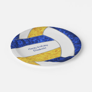 girl's happy birthday party blue yellow volleyball paper plate