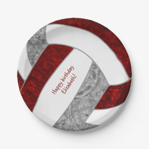 girl's happy birthday party maroon gray volleyball paper plate