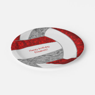 girl's happy birthday party red grey volleyball paper plate