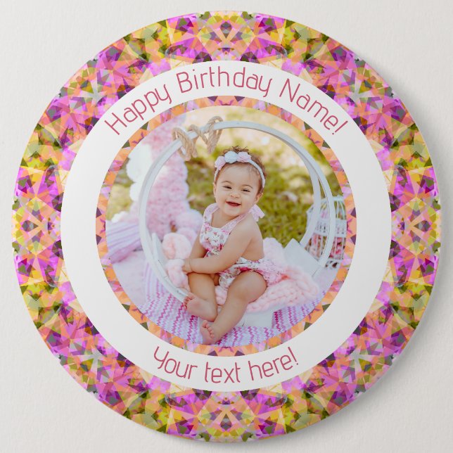 Girls Happy Birthday Summer Pink Star Custom Age 6 Inch Round Button (Front)