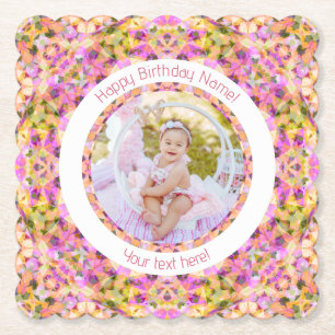 Girls Happy Birthday Summer Pink Star Custom Age Paper Coaster