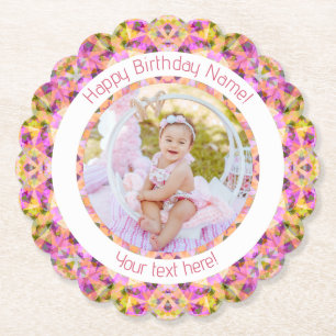 Girls Happy Birthday Summer Pink Star Custom Age Paper Coaster