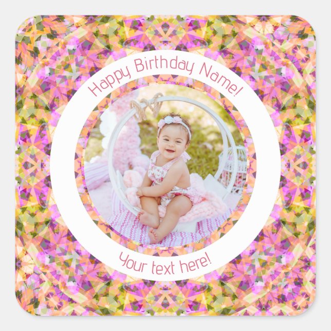 Girls Happy Birthday Summer Pink Star Custom Age Square Sticker (Front)