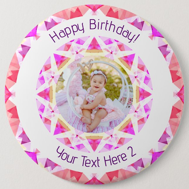 Girls Happy Birthday Vibrant Pink Star Custom Age 6 Inch Round Button (Front)
