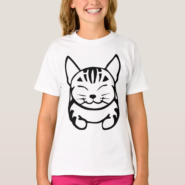 Girls Happy Cat T-shirt (black tabby) (Front)