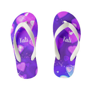 Girls Hearts & Sparkles Purple White Personalized Kid's Flip Flops