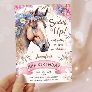 Girls Horse 10th Birthday Floral Saddle Up!  Invitation