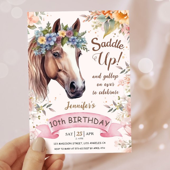 Girls Horse 10th Birthday Pink Floral Saddle Up   Invitation (Creator Uploaded)