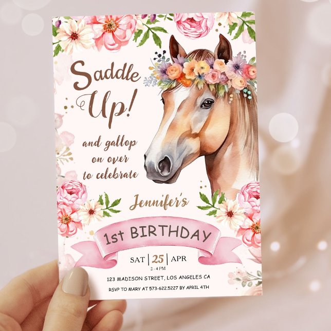 Girls Horse 1st Birthday Floral Saddle Up! Invitation (Creator Uploaded)