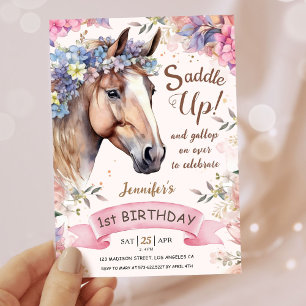 Girls Horse 1st Birthday Floral Saddle Up!  Invitation