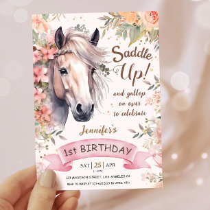 Girls Horse 1st Birthday Floral Wild Saddle Up Invitation