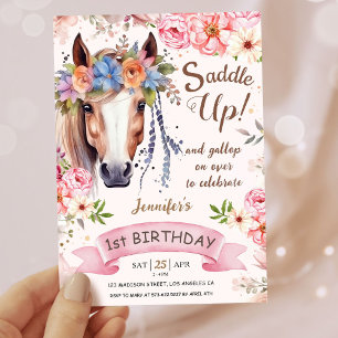 Girls Horse 1st Birthday Pink Floral Cowgirl Invitation