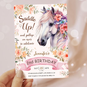 Girls Horse 2nd Birthday Pink Flowers Saddle Up! Invitation