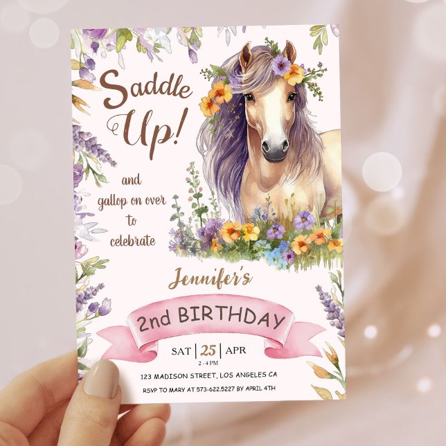 Girls Horse 2nd Birthday Purple Floral Saddle Up Invitation (Creator Uploaded)