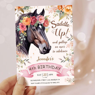 Girls Horse 4th Birthday  Pink Cowgirl Saddle Up Invitation