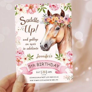 Girls Horse 5th Birthday Floral Saddle Up! Invitation