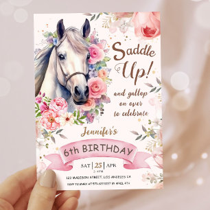 Girls Horse 6th Birthday Bloom Flowers Saddle Up! Invitation