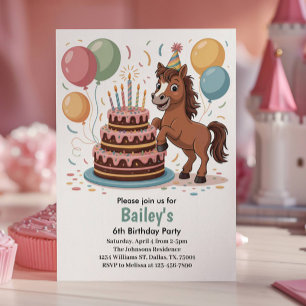 Girls Horse 6th Birthday Party Invitation