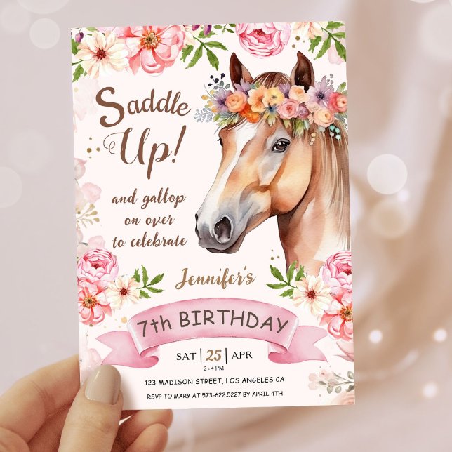 Girls Horse 7th Birthday Floral Saddle Up! Invitation (Creator Uploaded)