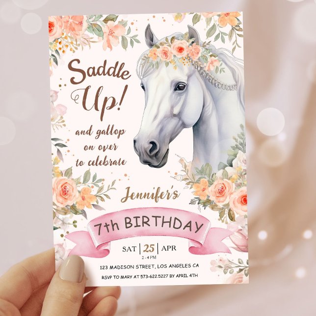 Girls Horse 7th Birthday Pink Floral Saddle Up Invitation (Creator Uploaded)