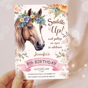Girls Horse 8th Birthday Pink Floral Saddle Up   Invitation