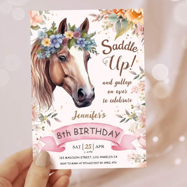 Girls Horse 8th Birthday Pink Floral Saddle Up   Invitation (Creator Uploaded)
