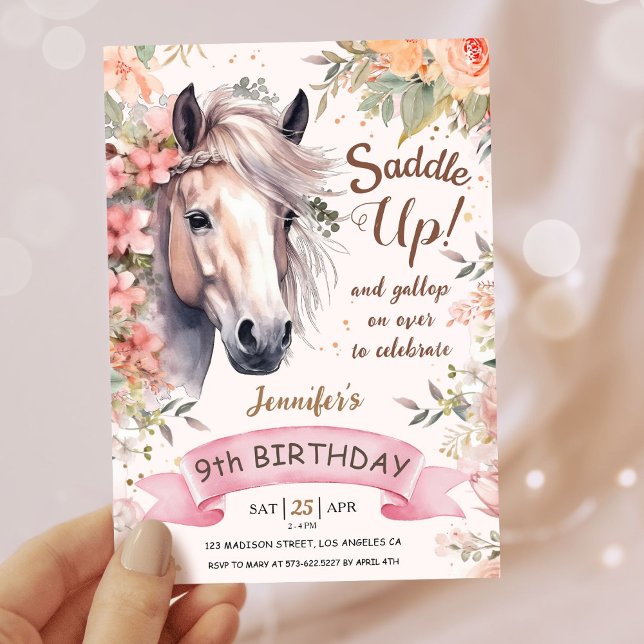 Girls Horse 9th Birthday Floral Wild Saddle Up Invitation (Creator Uploaded)