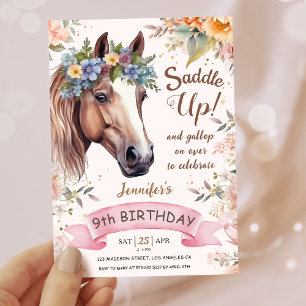 Girls Horse 9th Birthday Pink Floral Saddle Up   Invitation