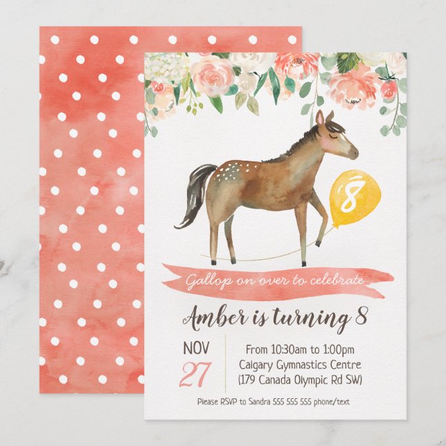 Girls Horse Birthday Party Invitation (Front/Back)