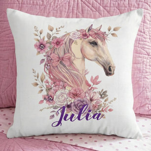 Girls Horse Pony Pastel Floral Throw Pillow