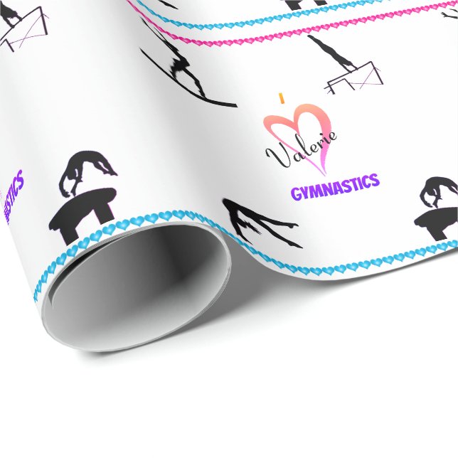 Girl's "I Love Gymnastics" Hearts Wrapping Paper (Roll Corner)