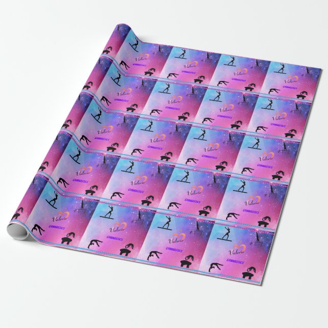 Girl's "I Love Gymnastics" Hearts Wrapping Paper (Unrolled)