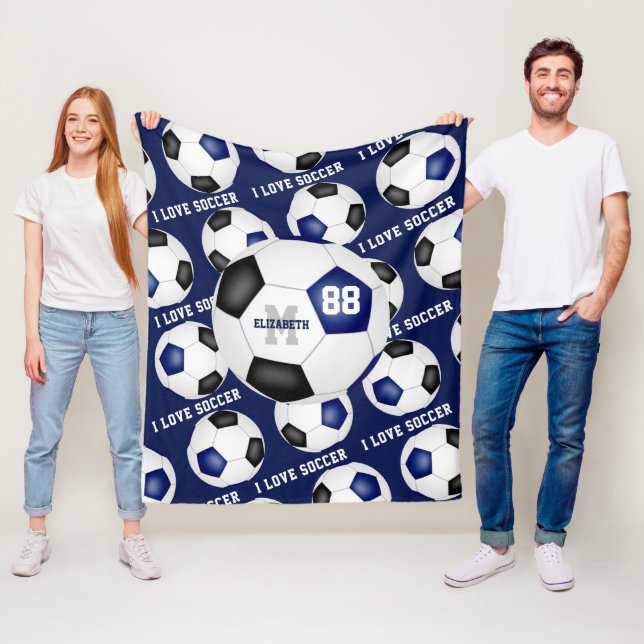 girls I love soccer text blue black Fleece Blanket (In Situ)