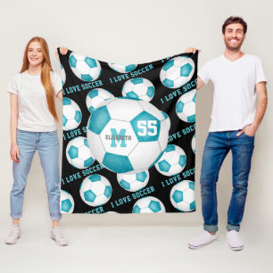 girls I love soccer text turquoise blue white Fleece Blanket