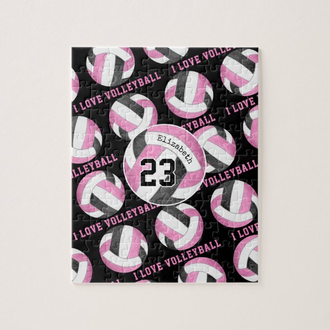 girls I love volleyball pink black personalized Jigsaw Puzzle (Vertical)