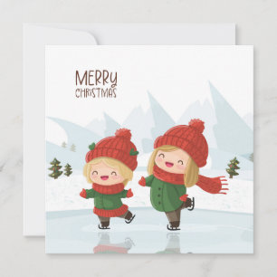 Girls ice skating at Christmas Holiday Card