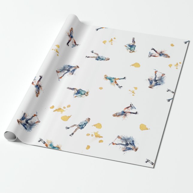 Girls Ice-Skating, Hockey Blue Gold Pattern Wrapping Paper (Unrolled)
