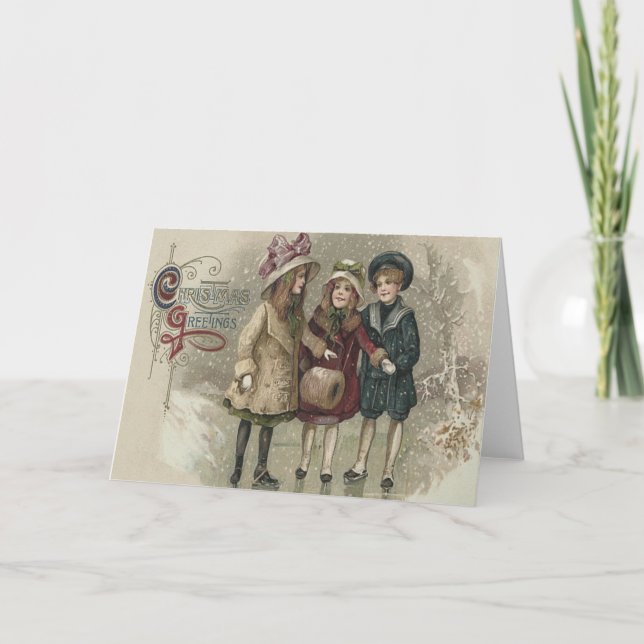 Girls Ice Skating Snow Frozen Pond Holiday Card (Front)