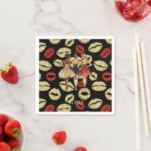 Girls in Glam Gold Black Red Dresses Lips Kiss Napkin