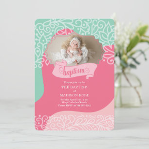 Girls in Pink and Sea Green with Photo Baptism Invitation