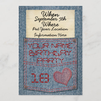 Girls Jeans Pocket Birthday Party Invitations