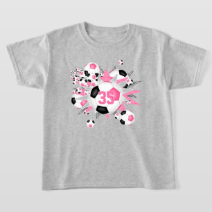 girls jersey number soccer balls stars pink black T-Shirt