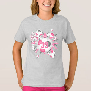 girls jersey number soccer balls stars pink grey T-Shirt