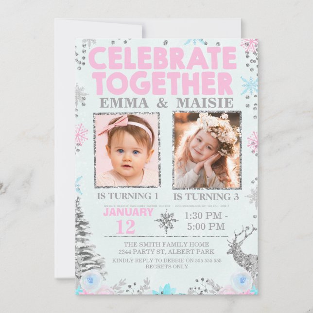 Girls Joint or Twins Winter Themed Birthday Invitation (Front)