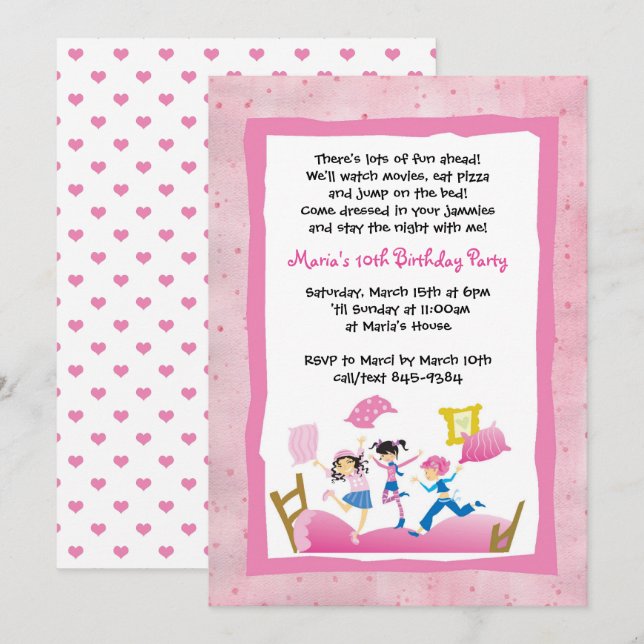 Girls Jumping on Bed Sleepover Slumber Party Invitation (Front/Back)