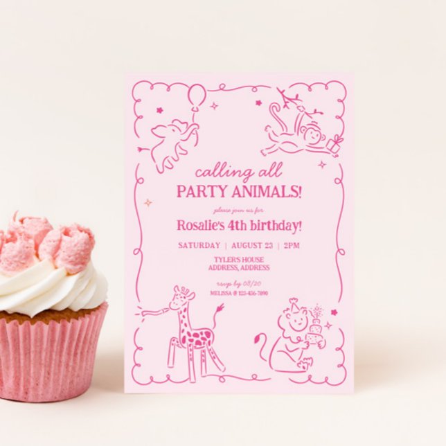 Girls Jungle Zoo Safari Animals Birthday Invitation (Girls Party Animal Whimsical Birthday Invite)