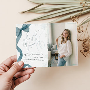 Girls Just Wanna Be 16 Winter Bow Photo Birthday Invitation